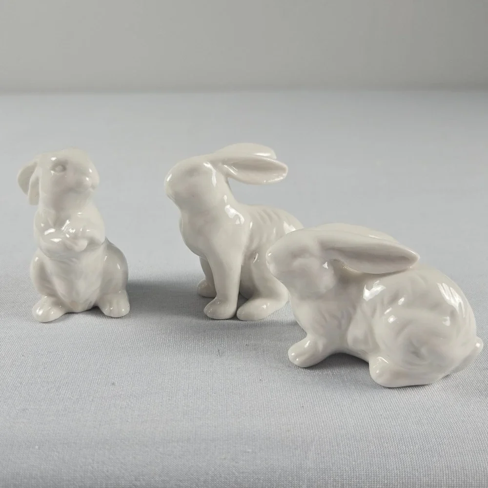 White Ceramic Bunny Rabbit Figurines Set of 3 Easter Spring Cottage Decor